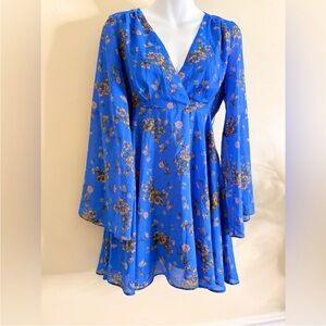 Free People Lilou Cobalt Blue Long, Flare-Sleeve Dress. Floral, Chiffon. NWOT.